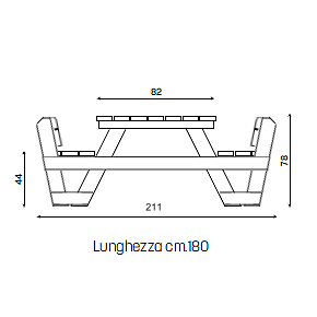 Tavolo Pic-Nic Perugia Colore Naturale Con Spalliera - disegno tecnico